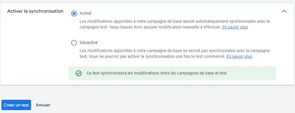 Activer Synchro AB test Google